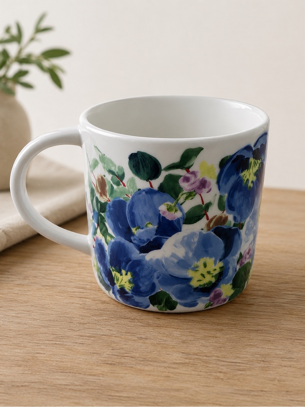Anthropologie Dawn Monogram Mug - Blue Watercolor Floral Blooms Stoneware Cup